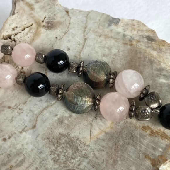 Sterling Silver 925 Rose Quartz Black Onyx Beaded Y Necklace 18.5" 81g Stone - Picture 13 of 16